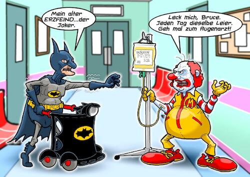 Cartoon: Alter Superheld (medium) by Joshua Aaron tagged superheld,batman,ronald,mcdonald,altersheim,kurzsichtigkeit,joker,zuckerkrankheit,insulin,feindschaft,schurke,superheld,batman,ronald,mcdonald,altersheim,kurzsichtigkeit,joker,zuckerkrankheit,insulin,feindschaft,schurke