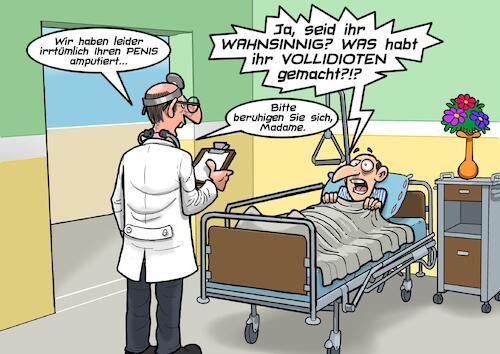 Cartoon: Amputiert (medium) by Joshua Aaron tagged medizinischer,irrtum,amputation,kastration,behandlungsfehler,operationsfehler,medizinischer,irrtum,amputation,kastration,penis,behandlungsfehler,operationsfehler