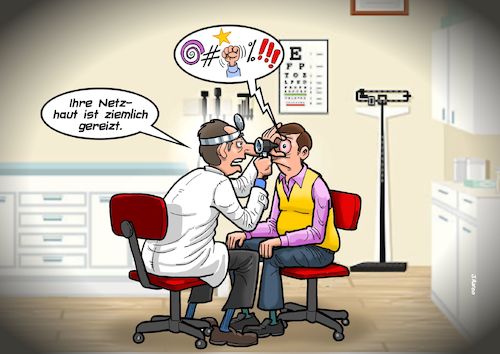 Cartoon: Augen Checkup (medium) by Chris Berger tagged netzhaut,gereizt,arzt,optiker,augenarzt,patient,untersuchung,augen,netzhaut,gereizt,arzt,optiker,augenarzt,patient,untersuchung,augen