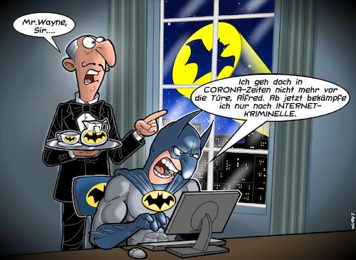 Cartoon: Batman arbeitet im Homeoffice (medium) by Chris Berger tagged batman,homeoffice,verbrecher,cybercrime,covid,19,corona,virus,epidemie,pandemie,batman,homeoffice,verbrecher,cybercrime,covid,19,corona,virus,epidemie,pandemie