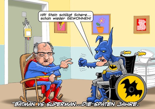 Cartoon: Batman versus Superman (medium) by Joshua Aaron tagged batman,superman,altersheim,rentner,pensionisten,schere,stein,papier,batman,superman,altersheim,rentner,pensionisten,schere,stein,papier