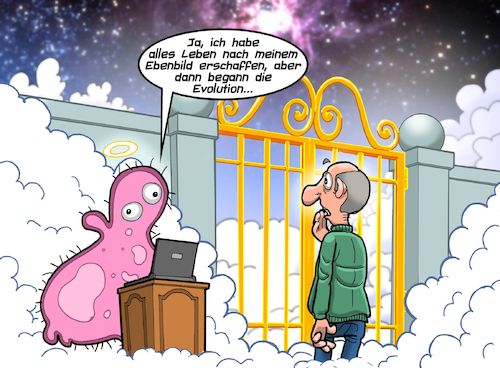 Cartoon: Begegnung mit Gott (medium) by Chris Berger tagged gott,himmelstor,tod,ewigkeit,evolution,schöpfung,wissenschaft,religion,gott,himmelstor,tod,ewigkeit,evolution,schöpfung,wissenschaft,religion