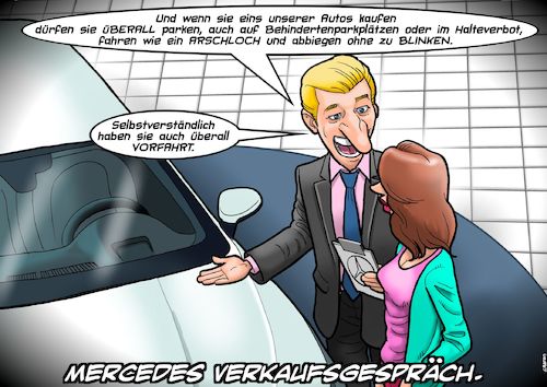 Cartoon: Beim Autohändler (medium) by Joshua Aaron tagged mercedes,autofahrer,rücksichtslos,arschloch,bmw,luxus,auto,penisprothese,penisverlängerung,mercedes,autofahrer,rücksichtslos,arschloch,bmw,luxus,auto,penisprothese,penisverlängerung