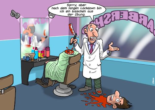 Cartoon: Beim Coiffeur (medium) by Joshua Aaron tagged lockdown,covid,corona,pandemie,quarantäne,friseur,barbier,coiffeur,kunde,lockdown,covid,corona,pandemie,quarantäne,friseur,barbier,coiffeur,kunde