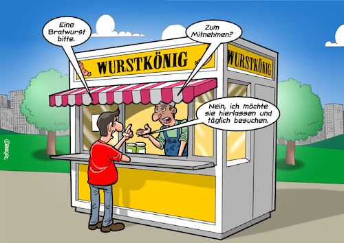 Cartoon: Beim Imbiss (medium) by Joshua Aaron tagged imbiss,bratwurst,wurstbude,verkäfuer,kunde,imbiss,bratwurst,wurstbude,verkäfuer,kunde