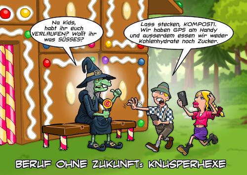 Cartoon: Beruf ohne Zukunft (medium) by Joshua Aaron tagged hänsel,gretel,hexe,knusperhexe,märchenwald,smartphone,diät,hänsel,gretel,hexe,knusperhexe,märchenwald,smartphone,diät