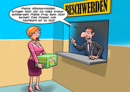 Cartoon: Beschwerdestelle (medium) by Joshua Aaron tagged beschwerden,reklamation,beschwerdestelle,kaufhaus,umtausch,kundin,angestellter,beschwerden,reklamation,beschwerdestelle,kaufhaus,umtausch,kundin,angestellter