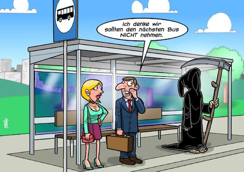 Cartoon: Bushaltestelle (medium) by Joshua Aaron tagged tod,bus,vorhersehung,passagiere,nahverkehr,final,destination,tod,bus,vorhersehung,passagiere,nahverkehr,final,destination