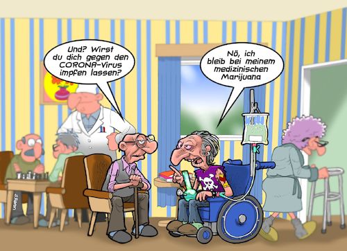 Cartoon: Corona Impfung (medium) by Joshua Aaron tagged altersheim,risikopatienten,corona,covid,pandemie,impfung,pfizer,biontech,altersheim,risikopatienten,corona,covid,pandemie,impfung,pfizer,biontech