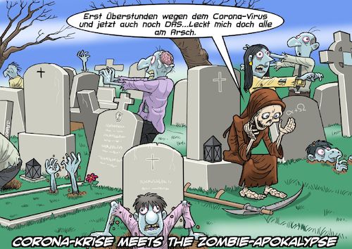 Cartoon: Corona meets the walking dead (medium) by Joshua Aaron tagged apokalypse,walking,dead,zombie,tod,covid,19,corona,virus,epidemie,pandemie,apokalypse,walking,dead,zombie,tod,covid,19,corona,virus,epidemie,pandemie