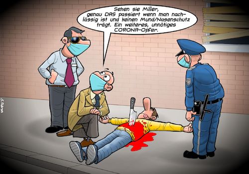 Cartoon: Corona Opfer (medium) by Joshua Aaron tagged mundschutz,nasenschutz,covid,corona,hygienemassnahmen,pandemie,mord,polizei,cops,mundschutz,nasenschutz,covid,corona,hygienemassnahmen,pandemie,mord,polizei,cops