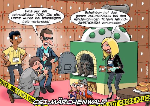 Cartoon: CSI Märchenwald (medium) by Joshua Aaron tagged hänsel,gretel,hexe,csi,zucker,halluzinationen,hänsel,gretel,hexe,csi,zucker,halluzinationen