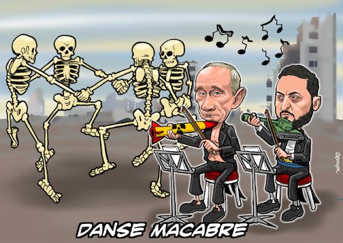 Cartoon: Danse Macabre (medium) by Joshua Aaron tagged selensky,zelenskyj,putin,world,war,waffen,ukraine,russland,selensky,zelenskyj,putin,world,war,waffen,ukraine,russland
