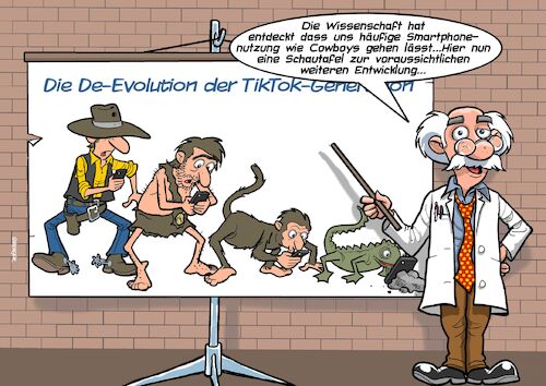 Cartoon: DeEvolution (medium) by Chris Berger tagged evolution,tiktok,social,media,smartphone,internet,sucht,handysucht,evolution,tiktok,social,media,smartphone,internet,sucht,handysucht