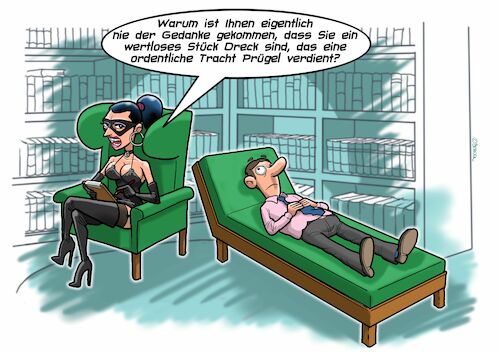 Cartoon: Domina Psychiaterin (medium) by Chris Berger tagged domina,sm,psychologe,psychiater,couch,patient,domina,sm,psychologe,psychiater,couch,patient
