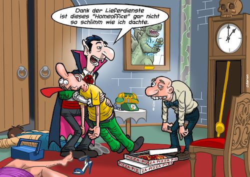 Cartoon: Draculas Homeoffice (medium) by Joshua Aaron tagged dracula,vampir,pizza,lieferdienst,covid,pandemie,corona,blutsauger,igor,dracula,vampir,pizza,lieferdienst,covid,pandemie,corona,blutsauger,igor