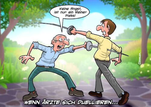Cartoon: Duell (medium) by Chris Berger tagged arzt,duell,impfung,beschwichtigung,degen,arzt,duell,impfung,beschwichtigung,degen