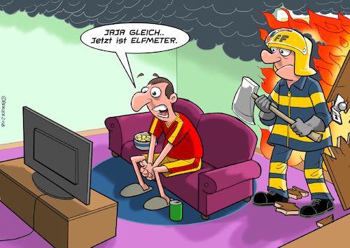 Cartoon: Elfmeter (medium) by Joshua Aaron tagged fussball,em,feuerwehr,elfmeter,brand,haus,feuer,fussball,em,feuerwehr,elfmeter,brand,haus,feuer