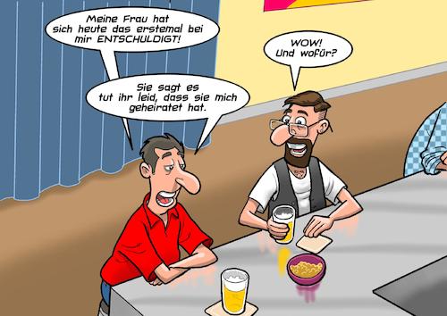 Cartoon: Entschuldigung (medium) by Joshua Aaron tagged ehe,frau,mann,entschuldigung,starrsinn,bar,kneipe,bier,freunde,ehe,frau,mann,entschuldigung,starrsinn,bar,kneipe,bier,freunde