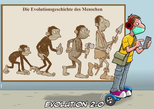 Cartoon: Evolution 2020 (medium) by Joshua Aaron tagged evolution,corona,covid,19,quarantäne,mundschutz,evolution,corona,covid,19,quarantäne,mundschutz