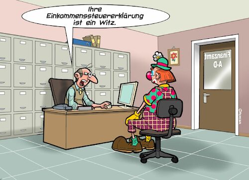 Cartoon: Finanzamt (medium) by Joshua Aaron tagged steuererklärung,einkommenssteuer,finanzamt,beamter,clown,steuererklärung,einkommenssteuer,finanzamt,beamter,clown