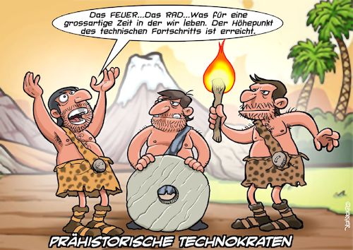 Cartoon: Fortschritt (medium) by Joshua Aaron tagged steinzeit,technokraten,fortschritt,feuer,rad,steinzeit,technokraten,fortschritt,feuer,rad