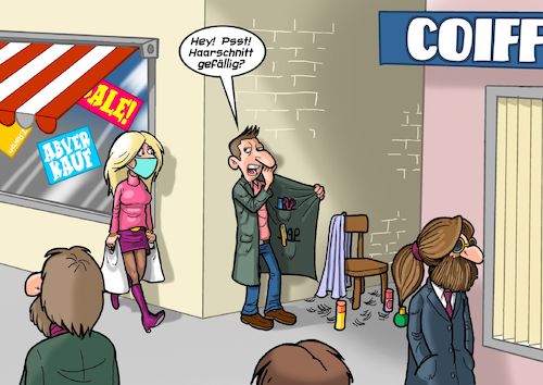 Cartoon: Friseur (medium) by Chris Berger tagged friseur,pandemie,lockdown,geschlossen,covid,corona,haarschnitt,frisur,friseur,pandemie,lockdown,geschlossen,covid,corona,haarschnitt,frisur