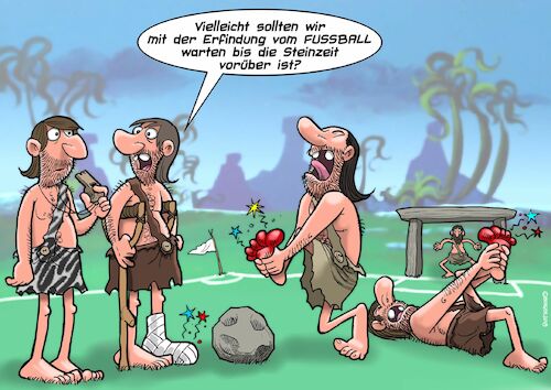 Cartoon: Frühe Kicker (medium) by Joshua Aaron tagged fussball,steinzeit,ball,leder,gummi,stein,fussball,steinzeit,ball,leder,gummi,stein