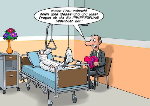 Cartoon: Führerschein (medium) by Joshua Aaron tagged führerscheinprüfung,unfall,fahrschule,fahrlehrer,krankenhaus,führerscheinprüfung,unfall,fahrschule,fahrlehrer,krankenhaus