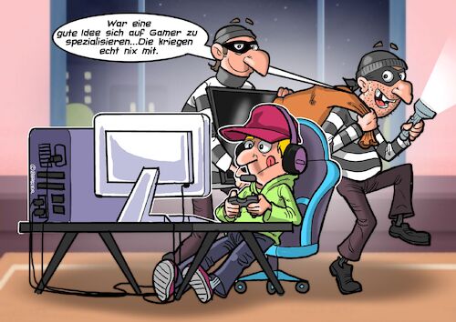 Cartoon: gamer (medium) by Joshua Aaron tagged gamer,pc,computerspiele,einbrecher,burglar,verbrechen,gamer,pc,computerspiele,einbrecher,burglar,verbrechen
