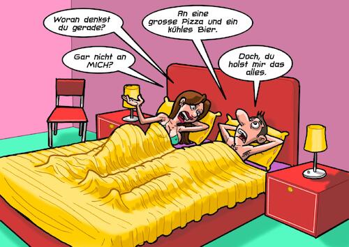 Cartoon: Gedanken (medium) by Joshua Aaron tagged paar,bett,gedanken,pizza,bier,liebe,träumen,lieferdienst,paar,bett,gedanken,pizza,bier,liebe,träumen,lieferdienst