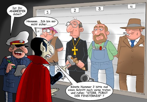 Cartoon: Gegenüberstellung (medium) by Chris Berger tagged vampir,dracula,holzpflock,gegenueberstellung,polizei,van,helsing,pfarrer,gut,böse,vampir,dracula,holzpflock,gegenueberstellung,polizei,van,helsing,pfarrer,gut,böse