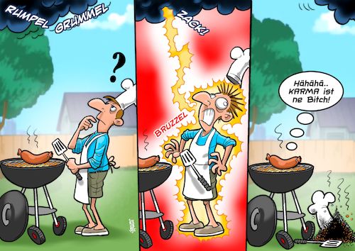 Cartoon: Grill Karma (medium) by Joshua Aaron tagged grillerei,bbq,bratwurst,gewitter,griller,karma,grillerei,bbq,bratwurst,gewitter,griller,karma