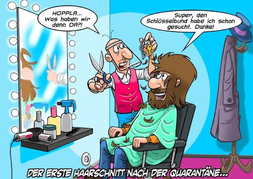 Cartoon: Haircut (medium) by Joshua Aaron tagged corona,quarantäne,haarschnitt,friseur,verloren,schlüssel,corona,quarantäne,haarschnitt,friseur,verloren,schlüssel