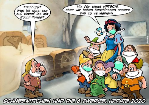 Cartoon: Hatschi muss weg. (medium) by Chris Berger tagged schneewitchen,sieben,zwerge,disney,märchen,covid,pandemie,grippe,ansteckung,mundschutz,maske,schneewitchen,sieben,zwerge,disney,märchen,covid,pandemie,grippe,ansteckung,mundschutz,maske