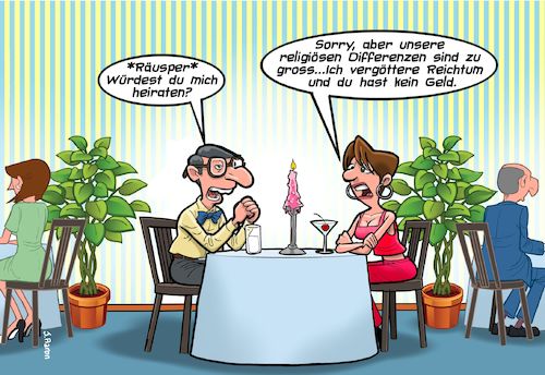 Cartoon: Heiratsantrag (medium) by Joshua Aaron tagged heiratsantrag,religion,glaube,geld,krösus,money,heiratsantrag,religion,glaube,geld,krösus,money