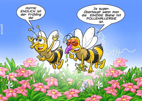 Cartoon: Heuschnupfen (medium) by Joshua Aaron tagged biene,heuschnupfen,allergie,frühling,biene,heuschnupfen,allergie,frühling