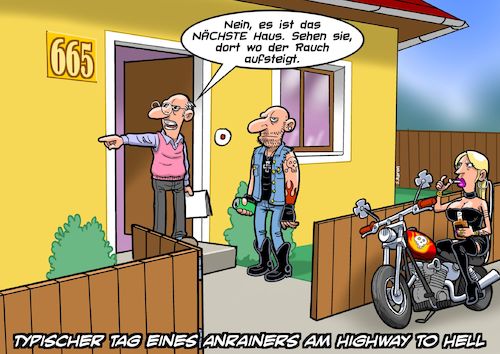 Cartoon: Highway to Hell (medium) by Chris Berger tagged acdc,highway,to,hell,number,of,the,beast,rocker,anrainer,hölle,acdc,highway,to,hell,number,of,the,beast,rocker,anrainer,hölle