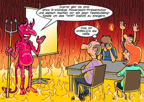 Cartoon: Hölle (medium) by Chris Berger tagged hölle,teambuilding,powerpoint,team,mitarbeiterschulung,teufel,satan,luzifer,hölle,teambuilding,powerpoint,team,mitarbeiterschulung,teufel,satan,luzifer