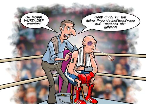 Cartoon: In der Ecke (medium) by Joshua Aaron tagged boxer,boxen,ring,facebook,soziale,medien,freundschaftsanfrage,knockout,mma,boxer,boxen,ring,facebook,soziale,medien,freundschaftsanfrage,knockout,mma