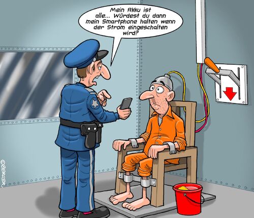 Cartoon: Induktives Laden (medium) by Chris Berger tagged elektrischer,stuhl,delinquent,verurteilter,polizist,wärter,smartphone,induktion,elektrischer,stuhl,delinquent,verurteilter,polizist,wärter,smartphone,induktion