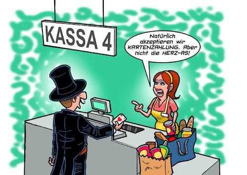 Cartoon: Kartenzahlung (medium) by Joshua Aaron tagged kreditkarte,bankomatkarte,zauberer,spielkarte,kasse,supermarkt,kreditkarte,bankomatkarte,zauberer,spielkarte,kasse,supermarkt