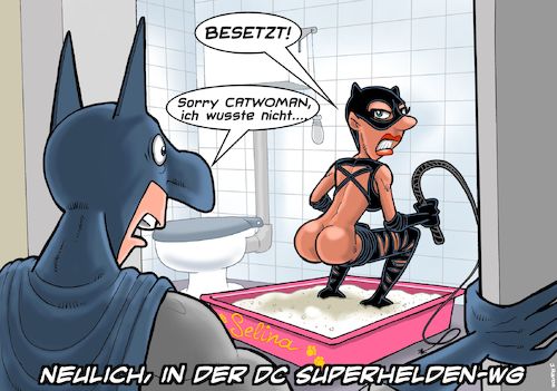 Cartoon: Katzeklo (medium) by Joshua Aaron tagged catwoman,superhelden,katze,klo,litterbox,streu,catwoman,superhelden,katze,klo,litterbox,streu