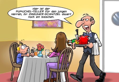 Cartoon: Kinderteller (medium) by Joshua Aaron tagged pumuckel,kinderteller,gericht,zigeuner,schnitzel,namensgebung,restaurant,angebot,pumuckel,kinderteller,gericht,zigeuner,schnitzel,namensgebung,restaurant,angebot