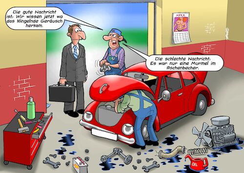 Cartoon: Komisches Geräusch (medium) by Joshua Aaron tagged reparatur,mechaniker,kosten,auto,werkstatt,reparatur,mechaniker,kosten,auto,werkstatt