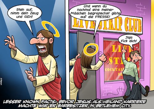 Cartoon: Lesser Known Facts (medium) by Chris Berger tagged jesus,striptease,bar,rausschmeisser,jesus,striptease,bar,rausschmeisser