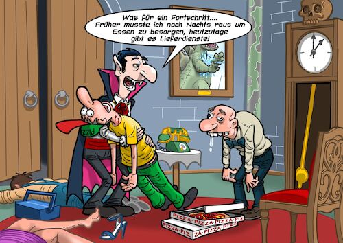 Cartoon: Lieferando (medium) by Joshua Aaron tagged lieferdienst,handwerker,essen,zusteller,dracula,blutsauger,vampir,lieferdienst,handwerker,essen,zusteller,dracula,blutsauger,vampir