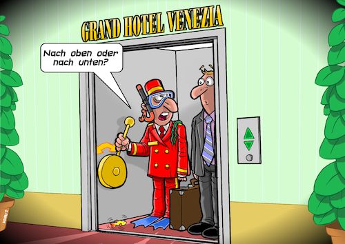 Cartoon: Lift (medium) by Chris Berger tagged lift,venedig,sinkt,untergang,keller,lift,venedig,sinkt,untergang,keller