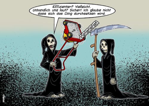 Cartoon: Modernisierung (medium) by Joshua Aaron tagged tod,hein,reaper,sensenmann,rasenmäher,gevatter,tod,hein,reaper,sensenmann,rasenmäher,gevatter