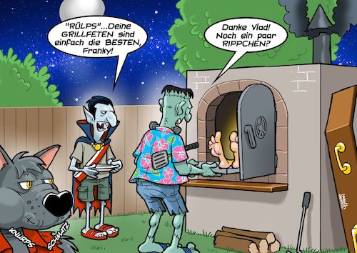 Cartoon: Monster BBQ (medium) by Joshua Aaron tagged frankensteins,monster,dracula,werwolf,barbeque,grillerei,fete,fest,leiche,toter,frankensteins,monster,dracula,werwolf,barbeque,grillerei,fete,fest,leiche,toter